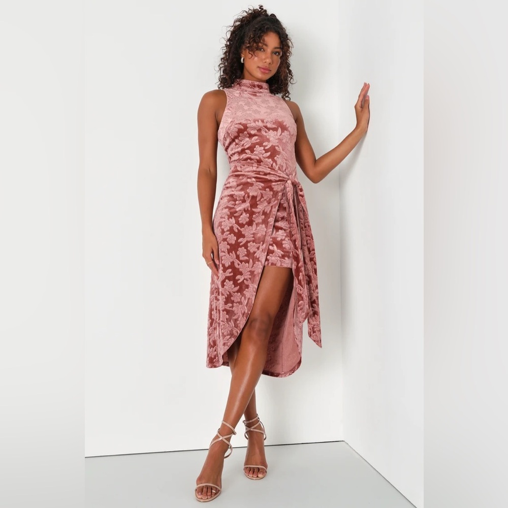 Dreamy Energy Mauve Velvet Floral Tie-Front Mock Neck Midi Dress